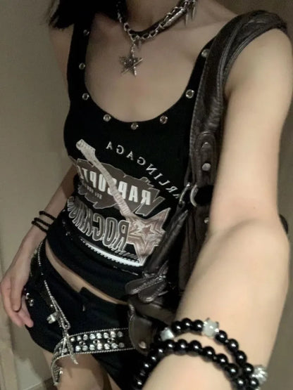 lovwvol Vintage Punk Rock Camisole for Women Gyaru Y2k Streetwear Summer Sexy Black Tank Tops Hip Hop Style Gothic Cropped Tops