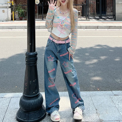 lovwvol Letter Embroidery High Waisted Jeans Woman High Street Vintage Harajuku Baggy Jeans Women Clothing Wide Leg Women Jeans Pants