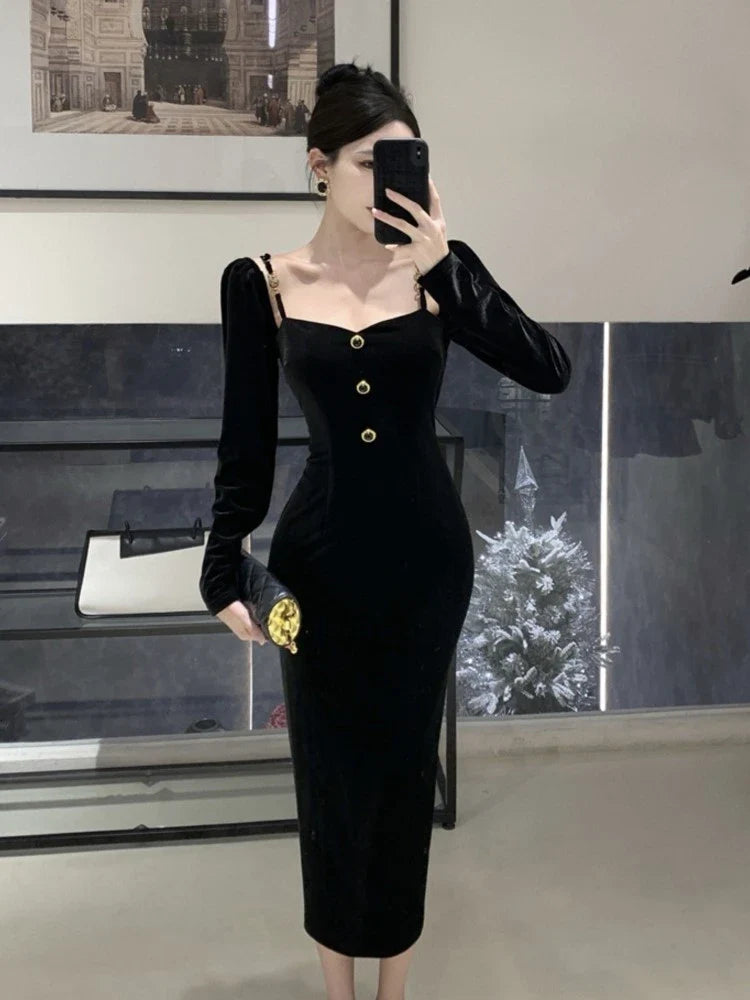 Vintage Elegant Black Velvet Midi Dress for Women Long Sleeve Bodycon Pencil Dresses Spring Party Prom Vestidos Mujer Clothes