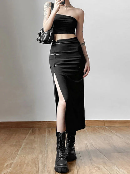 Streetwear Black Y2k Cargo Midi Skirts Grunge Gothic Split Sexy High Waist Skirt For Women Korean Fashion Fall Bottoms