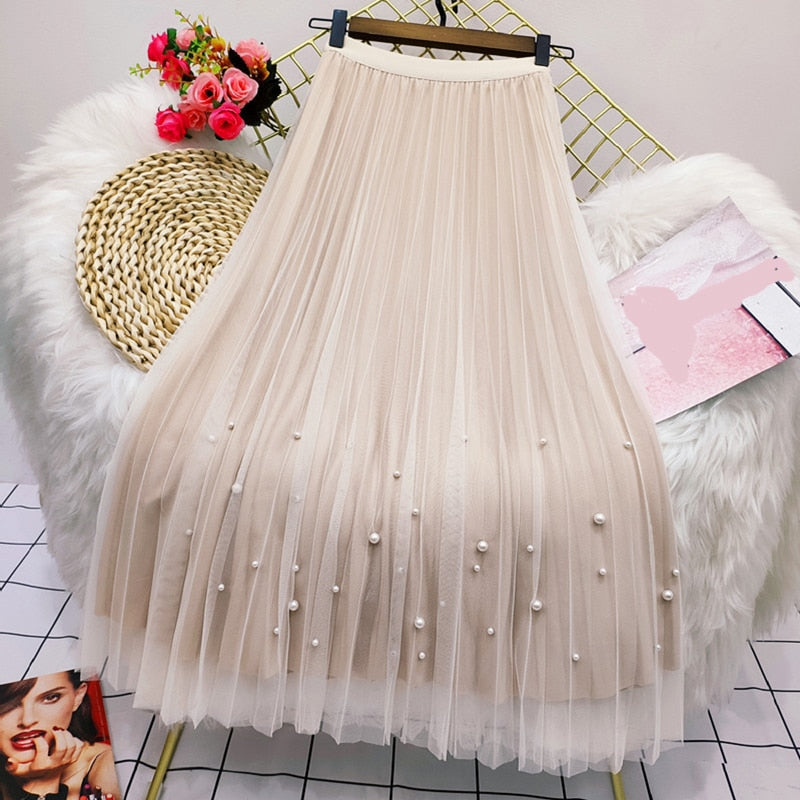 lovwvol Both Sides Wear Pearls Mesh Skirt Women Summer Velvet High Waist Long Skirts Woman Solid Color A Line Pleated Skirts