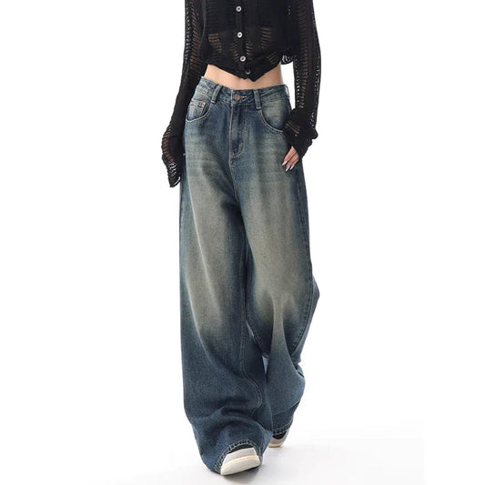 lovwvol - Streetwear Style Blue Straight Jeans Vintage High Waist Full Length Pants Women Korean Style Wide Leg Baggy Y2K Denim Trouser