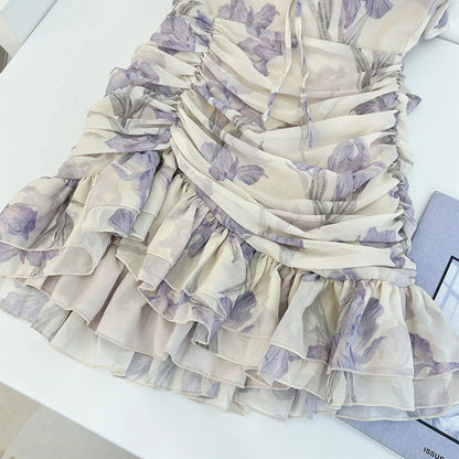 Purple Floral Dress for Women Summer New Neck-mounted Suspender Frocks A-line Sleeveless High Waist Ruffle One-Piece Streetwear