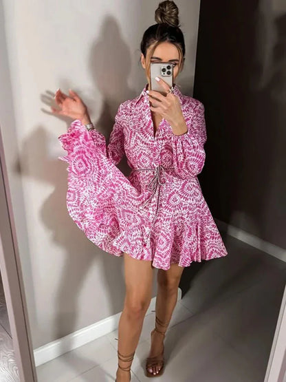 Women's Fashion Paisley Floral Printed Belt Mini Shirt Dress Elegant And Sweet Dresses Sexy Long Sleeve Dresses