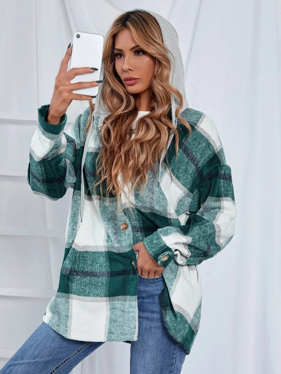 lovwvol     Vintage Plaid Jacket Womens Wool Blend Coats Hoodies Streetwear Flannel Hooded Woolen Za Woman Overshirt Oversized Shirts