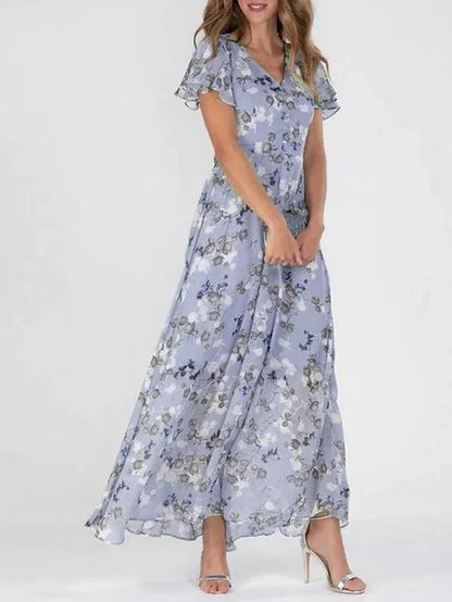 lovwvol Female Vintage Floral Printing Chic Dress Women Summer Elegant V Neck Maxi Party Dresses Casual Chiffon Beach Long Dress Vestido