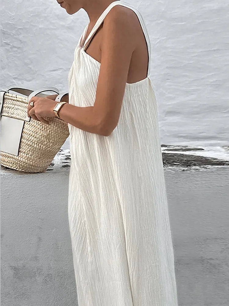 lovwvol Sexy White Off Shoulder Halter Pleated Maxi Dress Fashion Sleeveless Loose Dresses Summer 2024 Ladies High Streetwear Vestidos