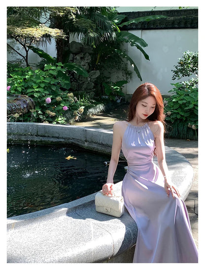 Summer Elegant Backless Satin Midi Dresses for Women Korean Fashion Sleeveless Slim Evening Party Female Casual Clothing