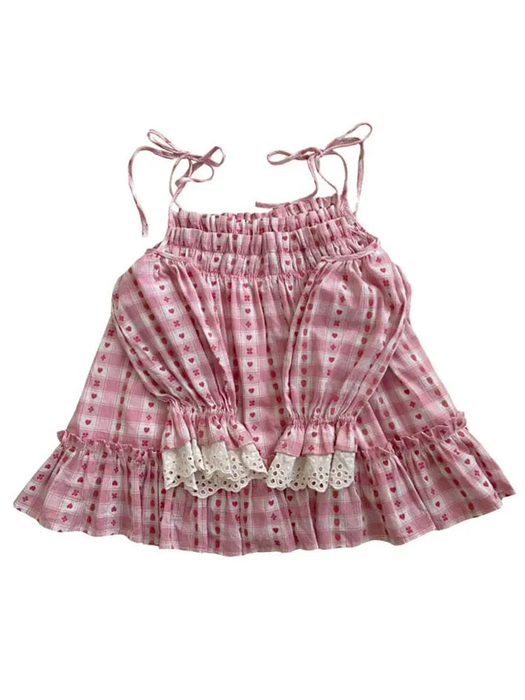 lovwvol Sweet Pink Print Tops Women Japanese Kawaii Lolita Wide Leg Short Sets Female Summer Off Shoulder Lace Up Blouse Two Piece Set