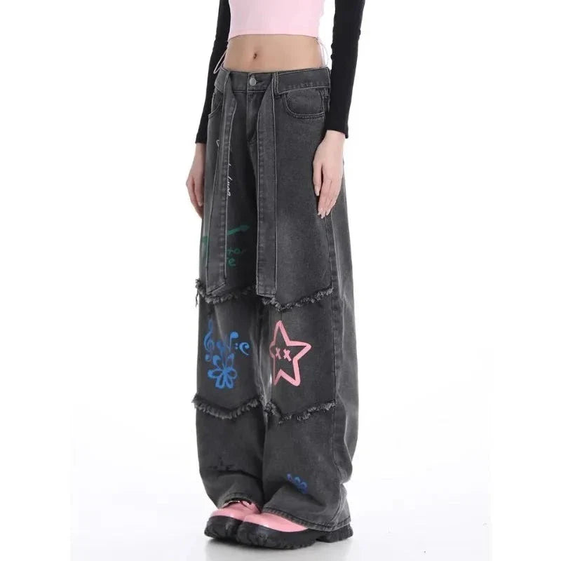 lovwvol American Vintage High Waist Straight Jeans Grunge Streetwear Tassels Print Pants Women's Casual Baggy Y2K Wide Leg Denim Trouser