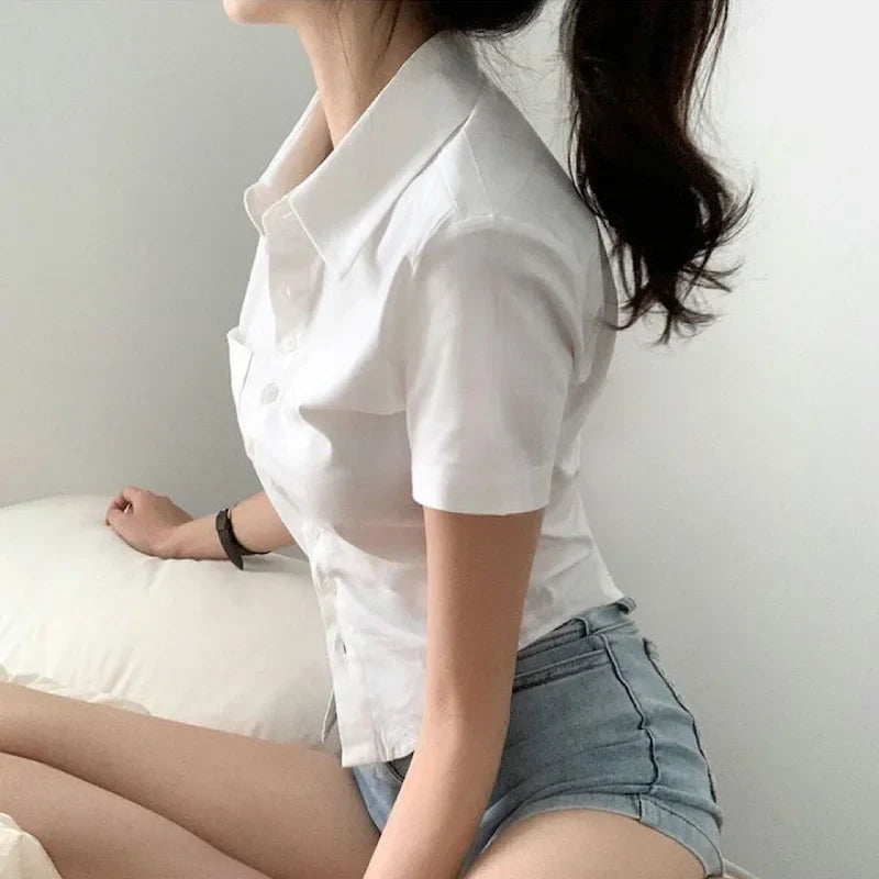 lovwvol Women Blouses Basic White Shirts Preppy Style Cropped Short Sleeve Tops Female Slim Office Wear Korean Fashion Casual