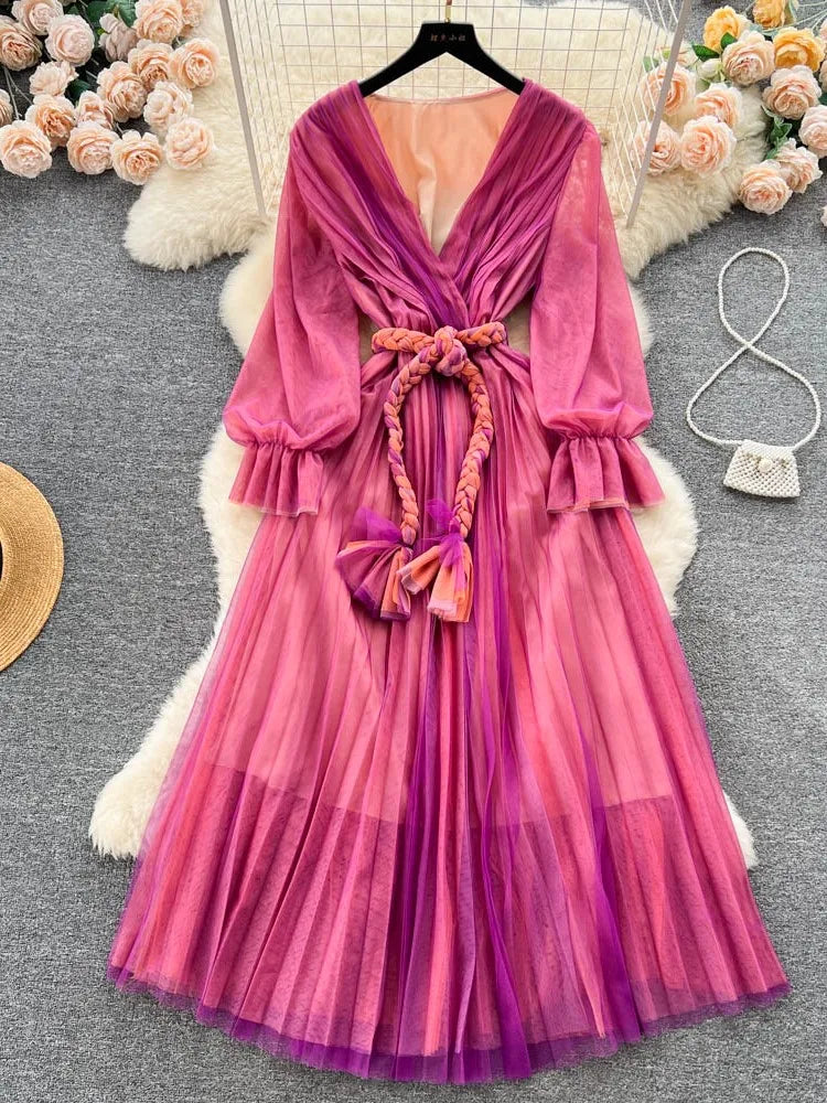 lovwvol Women's Fashion France Vintage Pleated Long Dress Summer Autumn Sexy V-Neck Lace Up Party Runway Vestidos Female Elegant Robe