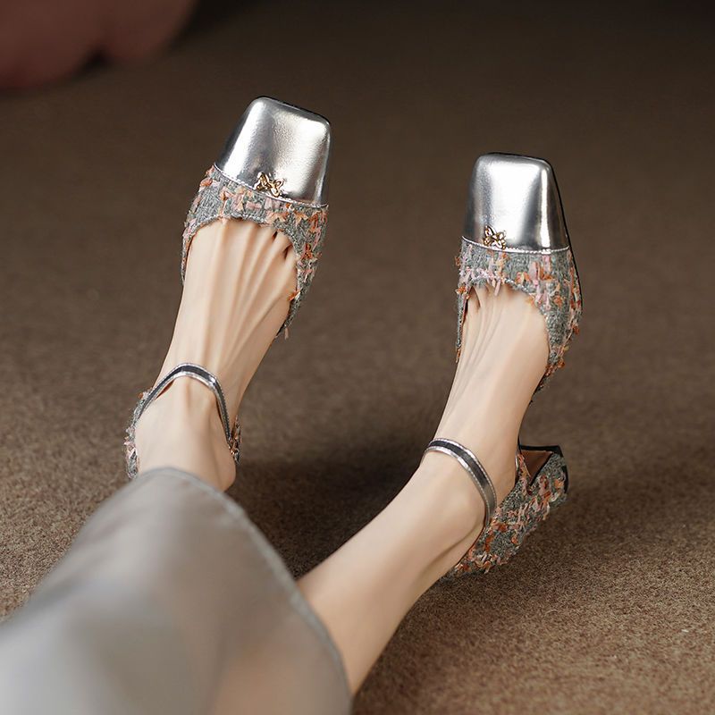 Footwear with Medium Heels Summer 2023 Silver Sandals for Woman Party Weddings Women's Shoes Closed Square H Chic and Elegant F