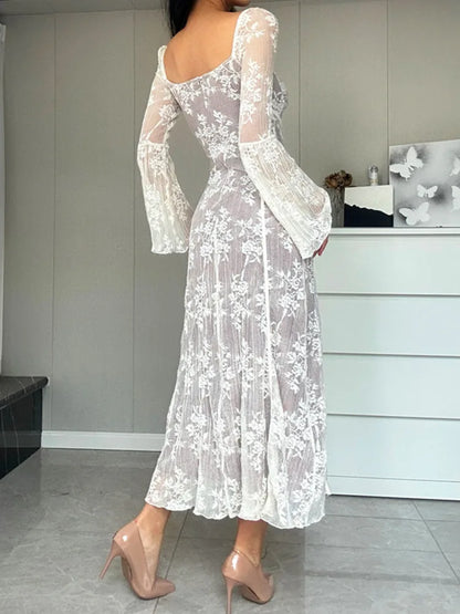 Ladies Elegant Lac-up Square Neck Print Long Sleeve Long Dress Women Sexy Autumn Sexy Lace Backless Slim Outfits