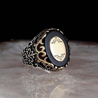 Retro Oval Black Zircon Rings for Men Punk Metal Two Tone Engraving Ancient Patterns Handmade Ring Muslim Jewelry