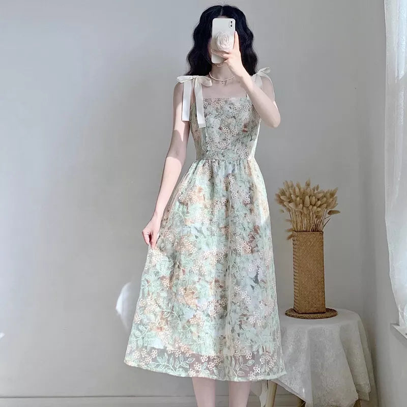 lovwvol JSXDHK New French Vintage Summer Flower Dress Elegant Women Sleeveless Spaghetti Strap Mesh Floral Embroidery Midi Vestidos