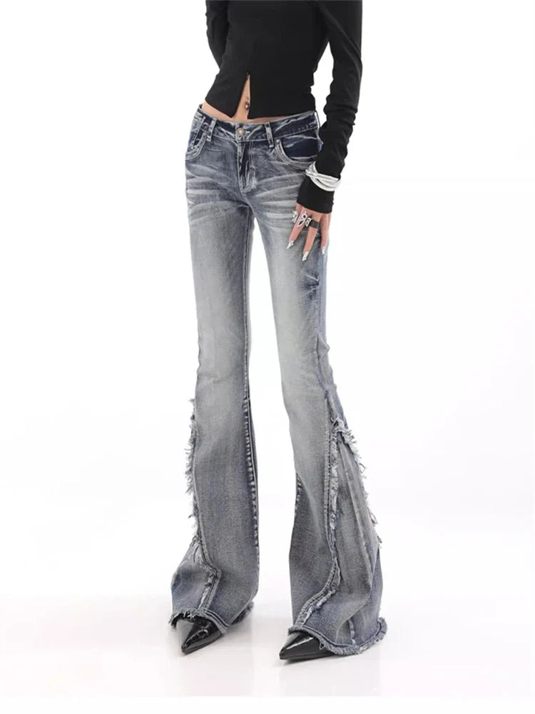 lovwvol Women's Tassel Edge Design Street Flared Jeans Summer New Chic Casual Wide-leg Pants Female Sexy Denim Bell-bottoms Trousers