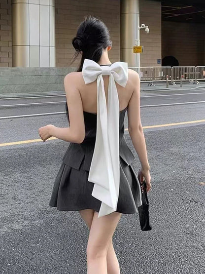 lovwvol Summer Women Old Money Design Vintage Rave Vacation Outfits 2 Piece Set Backless Bow Vest + A-line Mini Pleated Skirts Elegant