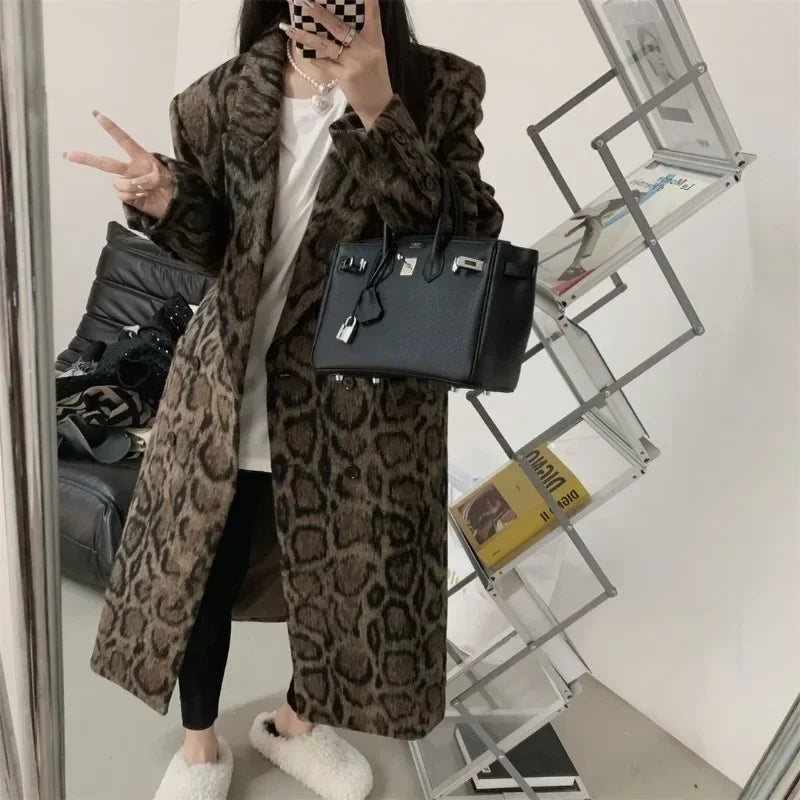 lovwvol  -  Double Breasted Leopard Print Suit Woolen Coat Women's Winter New Fashion Loose Jacket Trend Female Clothing