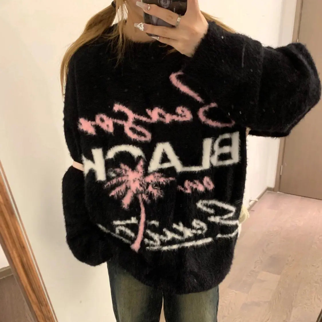 lovwvol  -  Oversized Sweater Women Winter Letter Jacquard Knit Sweater Thickened Casual Top Y2k Clothes O-Neck Sweater Mujer Fairy Grunge