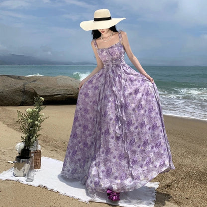 French Vintage Purple Print Long Dresses for Women Summer Sexy Backless Sleeveless Ruffles Beach Holiday Female Clothing