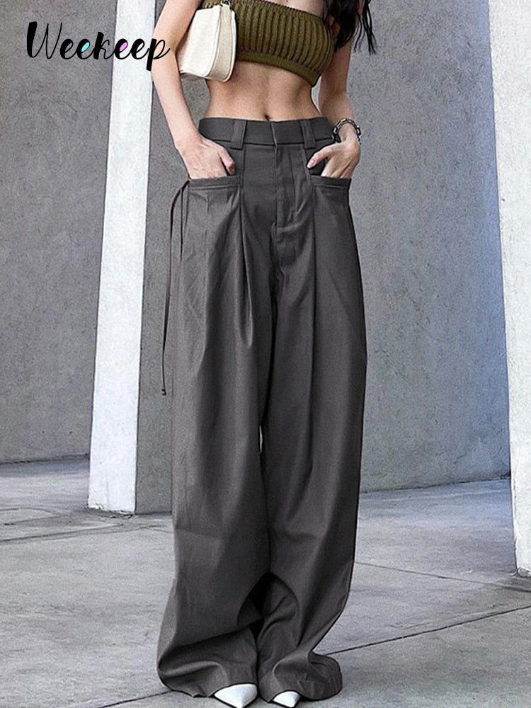 Grey Cargo Pants Korean Fashion Lace Up Pocket Low Rise Casual Pants Women Streetwear Sweatpants y2k Aesthetic Trousers