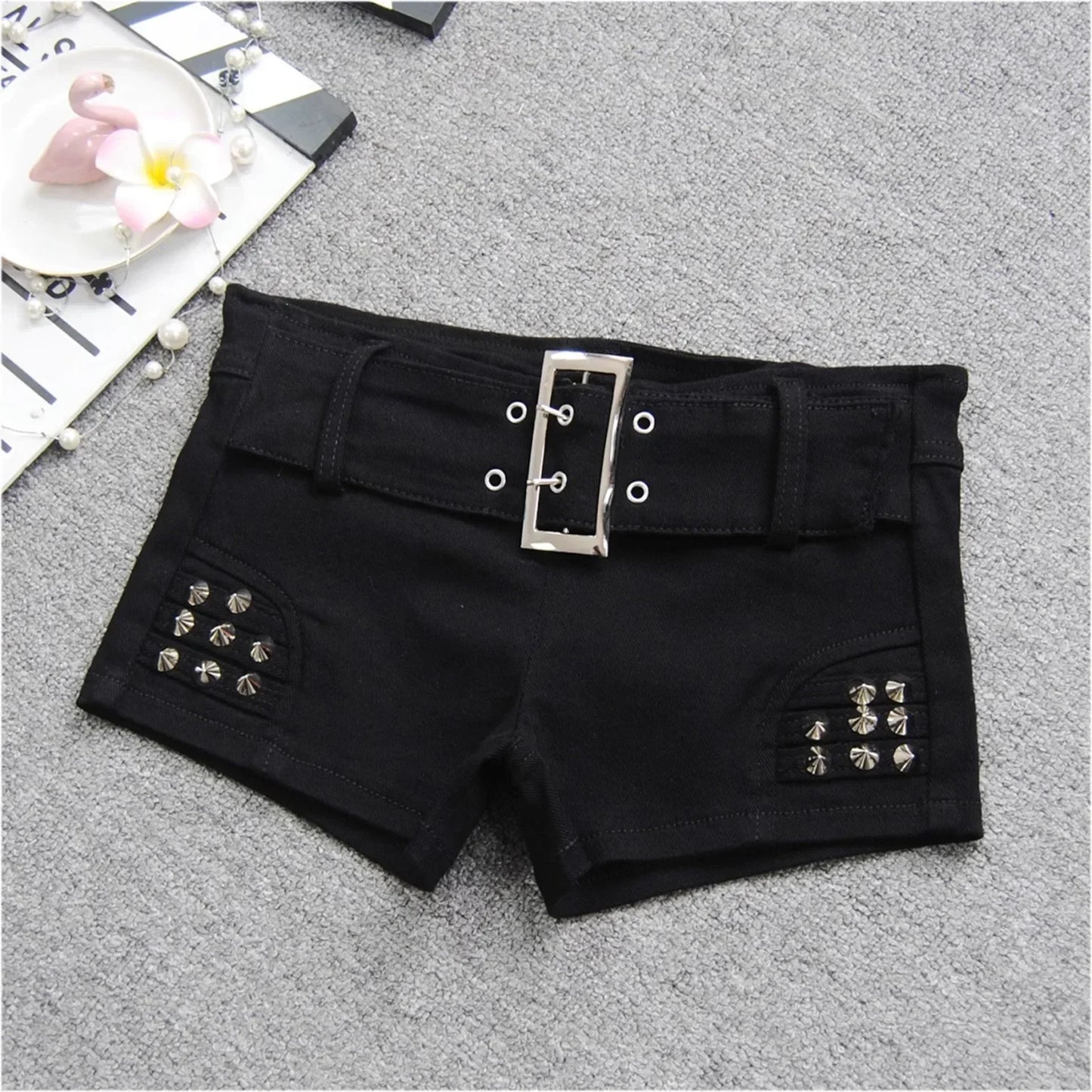 lovwvol  -  Black Spicy Girl Low Waist Denim Shorts Women Summer New Fashion Studded Bead Rivet Nightclub Sexy Slim Short Hot Pants Women