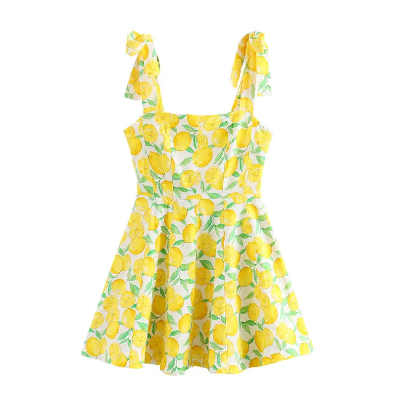 lovwvol Women Sweet Lemon Printed Mini Dress Chic Square Neck Sleeveless Lace Up A-line Dresses 2024 Summer Lady Street Pleated Robes