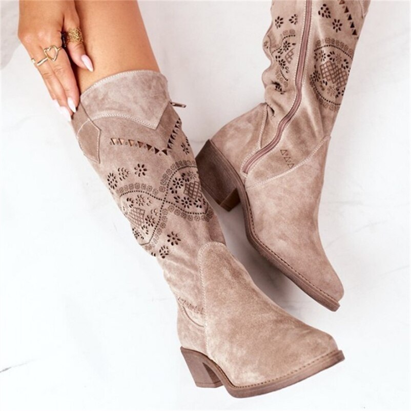 Winter Women Boots Designer Autumn Mid Heel Suede Round Toe Zipper Lady High Boots Fashion Retro Flower Females Shoes