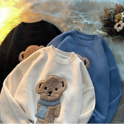 lovwvol Korean Style Cartoon Bear Print Knitted Sweater Women Kawaii Harajuku Blue Long Sleeve Oversize Jumper Female Winter