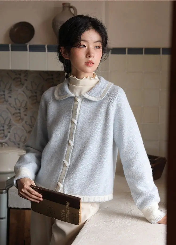 lovwvol Milk Blue Horn Button Cardigan Women Winter Temperament Sweater New Loose Lazy Gentle Doll Collar Knitwears Coat