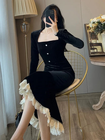 Vintage Bodycon Velvet Mermaid Party Dresses for Women Elegant Lace Patchwork Evening Prom Vestidos Female Autumn Spring Clothes