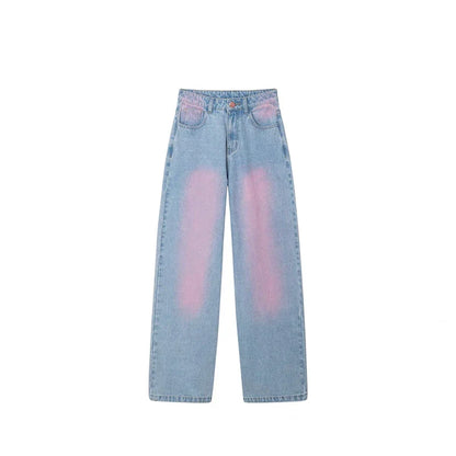 lovwvol Women's Pink Gradient Design Baggy Jeans Street Style Casual Blue Denim Trousers Female High Waist Straight Loose Pants