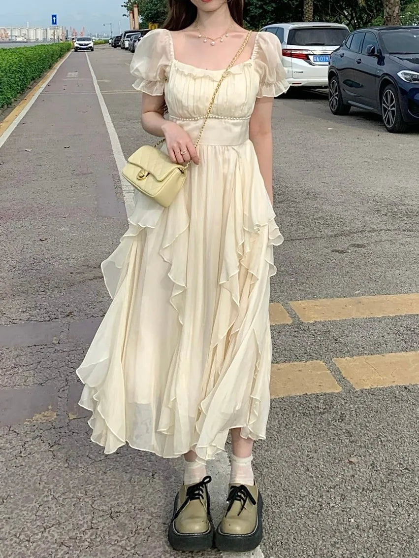 lovwvol Summer Chiffon Fairy Dress Women Solid Elegant Party Midi Dress Female Casual Sweet Korean Fashion Pink Dress New Clothes