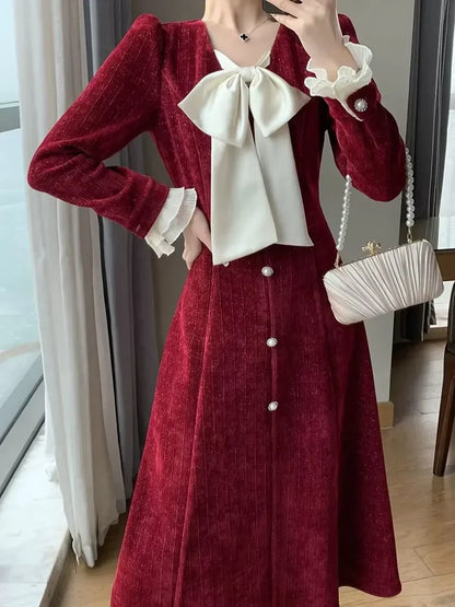 lovwvol Vintage Red Wedding Party Midi Dresses for Women Autumn New Elegant Chic Birthday Evening Prom Long Sleeves Female Clothing