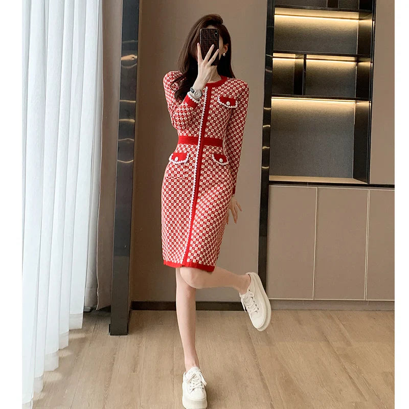 lovwvol Vintage Pullover Knitted Sweater Knee Dresses for Women Korean Fashion Pockets O-Neck Plaid Red Dress Robe Femme Vestidos Autumn