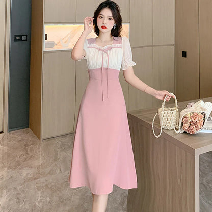 lovwvol  2024 Black Patchwork Puff Sleeve Bow Ruffled Collar Midi Dress Women Korean Vintage Hepburn Robe Summer Elegant and Pretty Dress