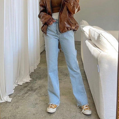 Spring 2023 New Simple Casual All-match Slim Hot Girl Ripped Jeans Female Fashion All-match Denim Trousers