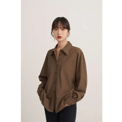 lovwvol Vintage Brown Shirts Women Blouses Office Wear Long Sleeve Elegant Ladies Casual Korean Fashion Loose Autumn Shirts