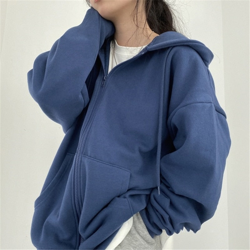 lovwvol Women Hoodies Harajuku Korean Version Zip Up Loose Oversized Sweatshirts Casual Solid Color Long Sleeve Hooded Sweatshirt Coats