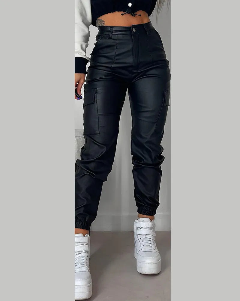 Cuffed PU Leather Pants for Women Slim Fit Long Skinny Trousers Casual and Cuffed Fashion Spring, Lady