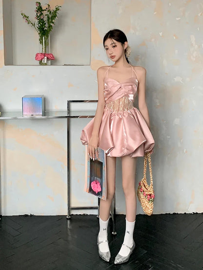 lovwvol Metallic Pink Satin Bud Mini Dress Women Bandage Halter See Through Lace Spliced Puffy Princess Dress Prom Party Gown