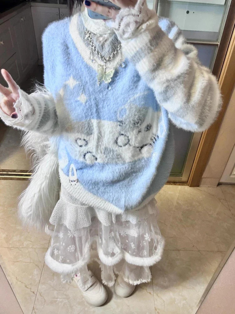 lovwvol  -  Gentle Sweet Fluffy Kawaii Cat Jacquard V-neck Sweaters Contrast Color Striped Loose Jumpers Women Grunge Casual Y2k Pullovers