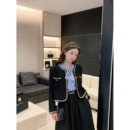 Vintage Jackets Women Black Tweed Cropped Coat Korean Elegant Thicken Single Breasted Blazer Casual Short Outerwear Tops