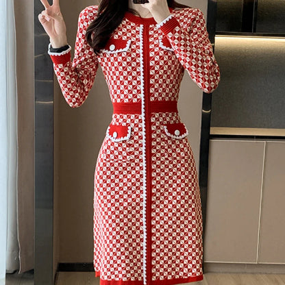 lovwvol Vintage Pullover Knitted Sweater Knee Dresses for Women Korean Fashion Pockets O-Neck Plaid Red Dress Robe Femme Vestidos Autumn