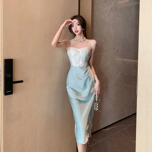 Sexy Backless Midi Dresses for Women Summer Elegant Party Prom Suspender Female Clothes Vestidos Satin Embroidery Evening Dress