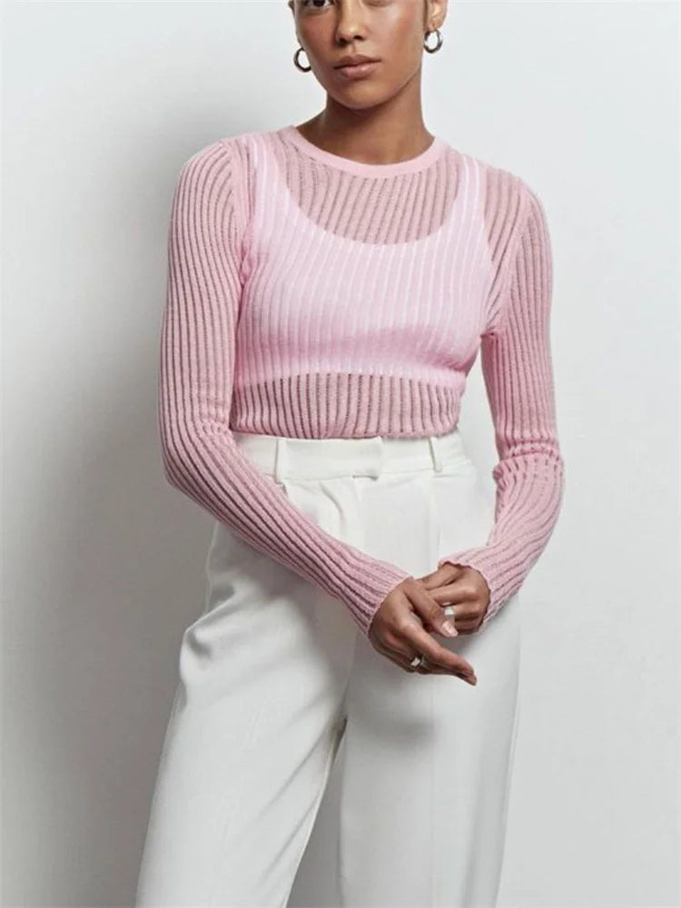 lovwvol Ribbed See-Through Knit Pullover Female Hollow Out Slim Solid Long Sleeve Top Sheer Casual Knitwear Ladies Pullover Summer