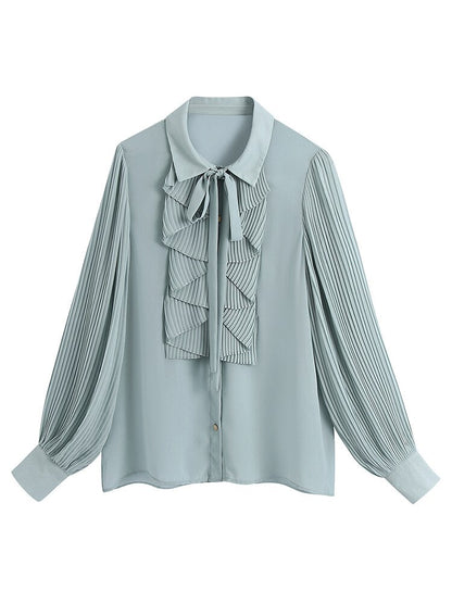 lovwvol lovwvol Snican pleated sleeve cascading ruffle bow tie office ladies blouse chic fashion female tops women camisas femininas Chiffon New