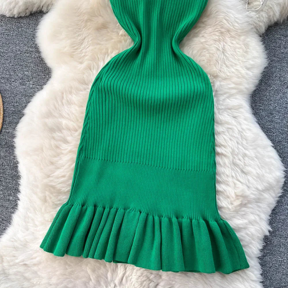 Summer Knitted Bodycon Sexy Dress  O Neck Sleeveless Ruffled Party Sundress High Street Elastic Slim Short Dress