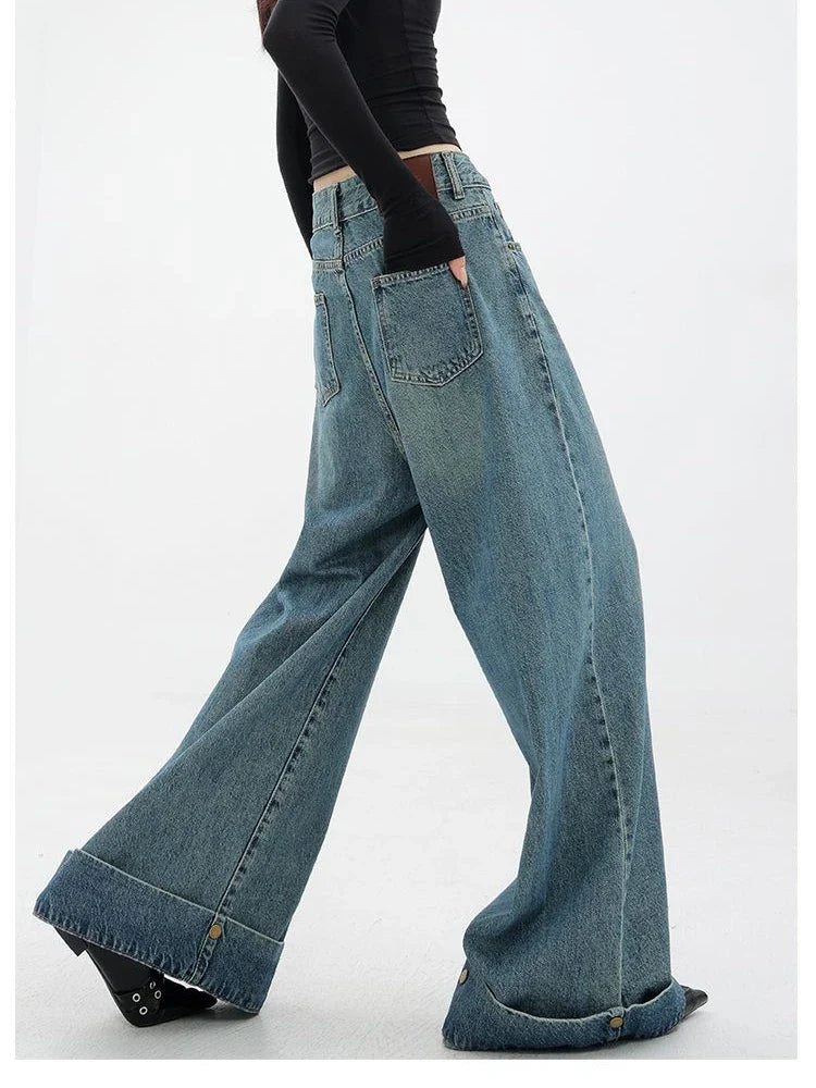 lovwvol Women's Flanged Wide Leg Straight Jeans Cool Girl Vintage Street Style Fashion Pants Female High Waist Loose Denim Trousers